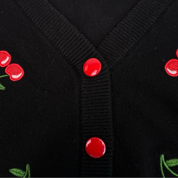 Belle Pogue Retro Embroidered Cherry Cropped V-Neck Cardigan Women's XL BLACK - Picture 9 of 16